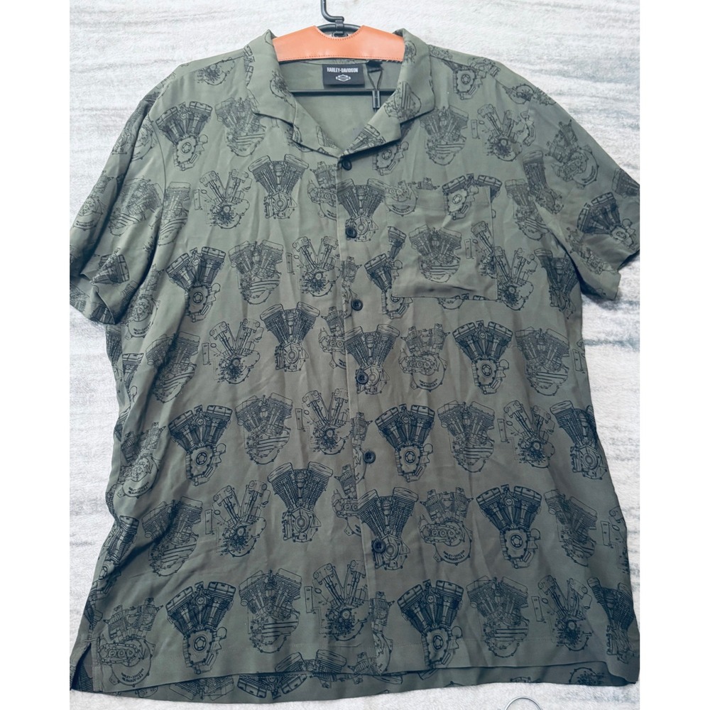 Harley-Davidson Mens Olive Green V-Twin Engine Print Rayon Camp Shirt 96868-23VM